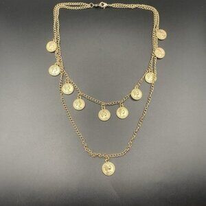 Two Layer Coin Charm Necklace Gold Tone 16/20" Curb Chain 1/2" Elizabeth II Aus